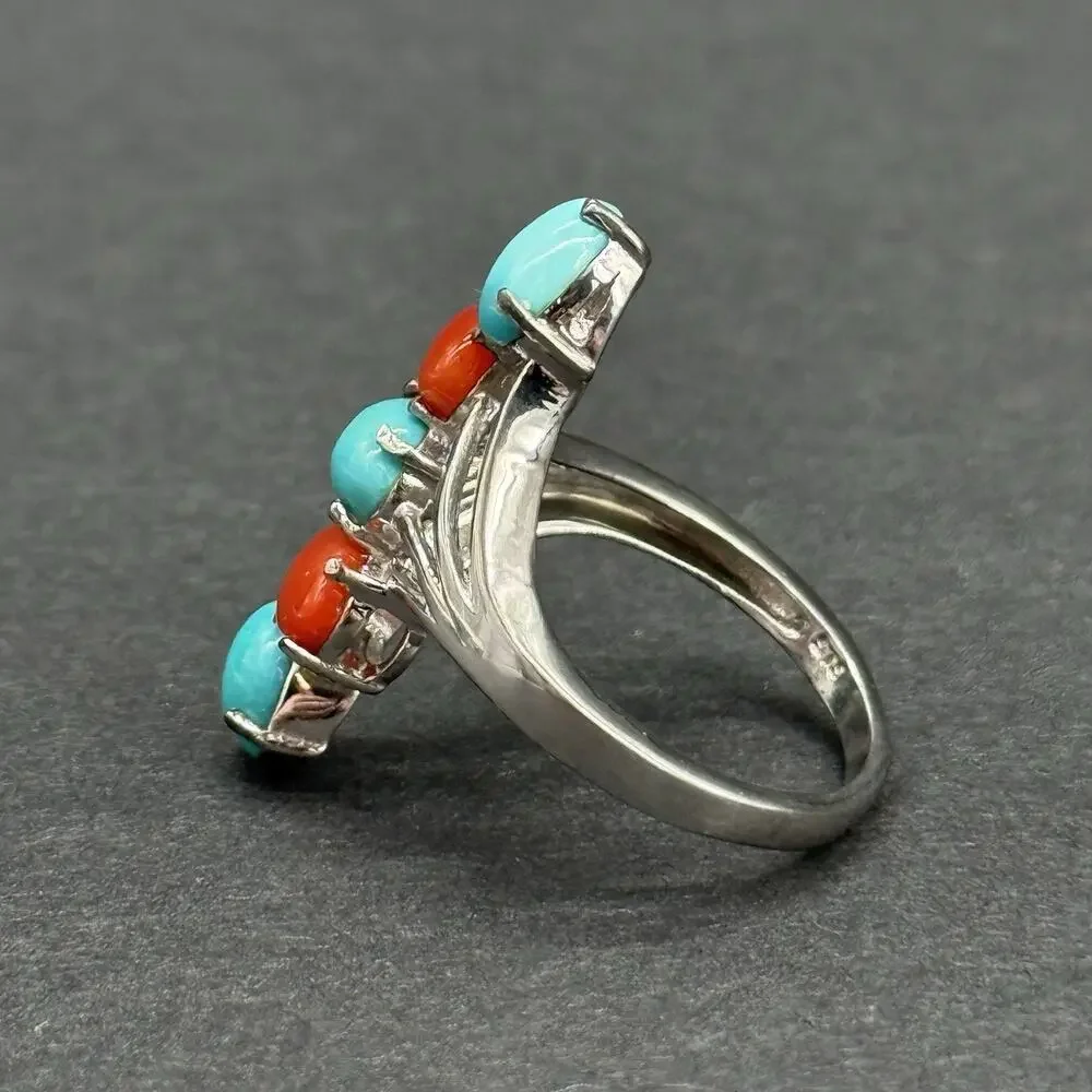 Vintage 925 Sterling Silver Turquoise & Red Coral Multi-Stone Bypass Ring Size 8
